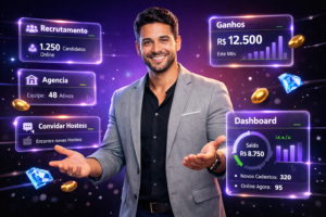 Imagem profissional ultra-realista mostrando um empreendedor brasileiro em espaço tecnológico escuro com hologramas e painéis de UI em português focados em recrutamento de hostesses, representando sucesso no recrutamento para chamet agency no México.
