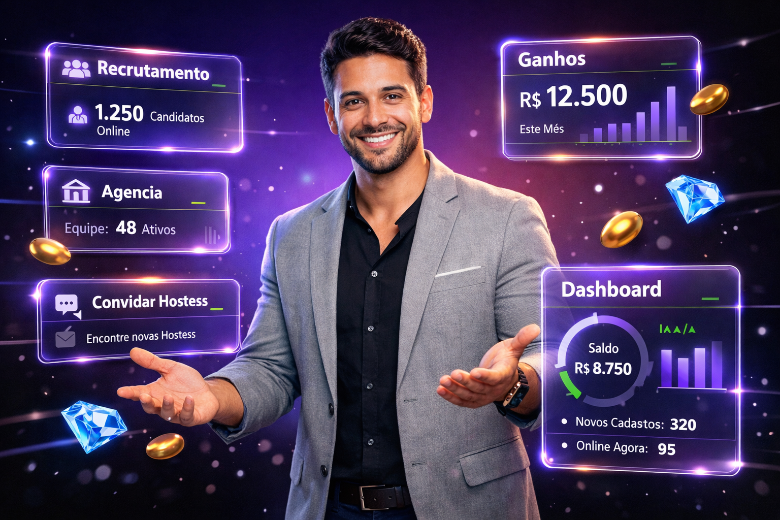 Imagem profissional ultra-realista mostrando um empreendedor brasileiro em espaço tecnológico escuro com hologramas e painéis de UI em português focados em recrutamento de hostesses, representando sucesso no recrutamento para chamet agency no México.