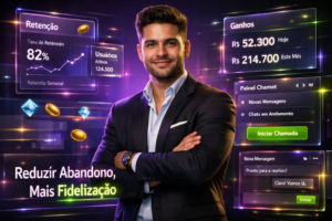 Retrato de empreendedor brasileiro em ambiente futurista demonstrando estratégias de retenção Chamet no painel Chamet agency com dashboards realistas, ícones e efeitos neon.