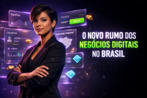 Empreendedora brasileira ilustrando segmentação de público e análises de regiões para agência chamet em ambiente tecnológico avançado.