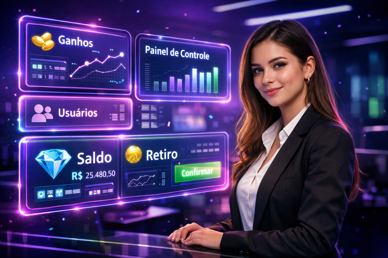 Imagem profissional de empreendedora brasileira analisando painel futurista holográfico sobre agência chamet com destaque para tendências e oportunidades.