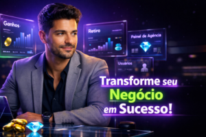 Imagem premium de um empreendedor brasileiro moderno e confiante em ambiente futurista, com dashboards de ganhos e análise para o post sobre estratégia agência chamet agency no Brasil e LATAM.