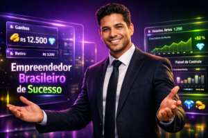 Imagem premium mostrando jovem empreendedor brasileiro focado no recrutamento para chamet agency no Chile, utilizando painéis futurísticos e elementos visuais modernos.