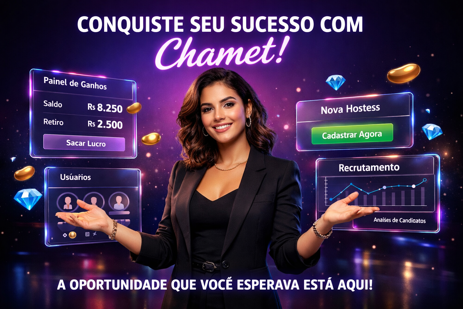Imagem realista de empresária brasileira usando painel de recrutamento digital para hostesses em chamet agency, com interface futurista e elementos de ganhos e chat.