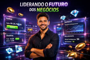 Imagem premium mostrando uma empreendedora brasileira moderna em ambiente futurista com UI de recrutamento e painéis Chamet, destacando dicas profissionais para hostess e suporte chamet agency.