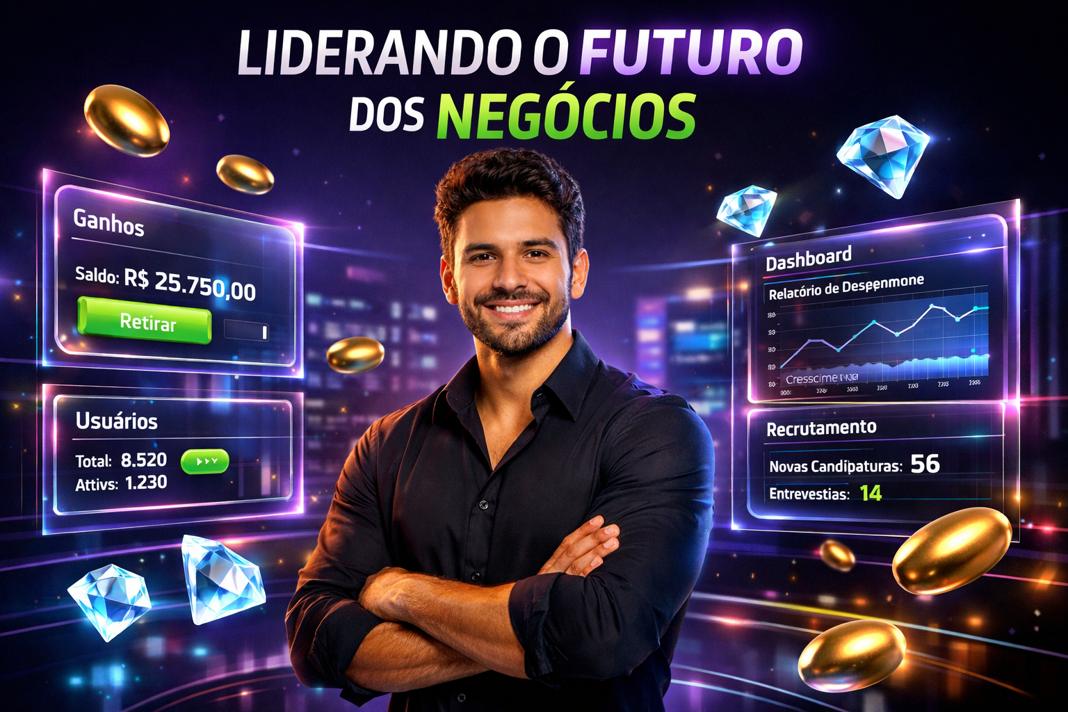 Imagem premium mostrando uma empreendedora brasileira moderna em ambiente futurista com UI de recrutamento e painéis Chamet, destacando dicas profissionais para hostess e suporte chamet agency.