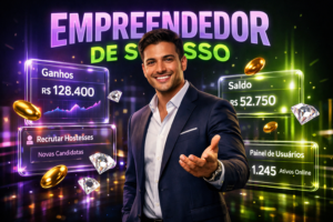 Guia visual de recrutamento da chamet agency com jovem empreendedor brasileiro, mostrando painel de ganhos e estratégias para hostesses na Europa.