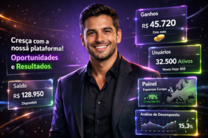 Imagem de capa mostrando jovem empreendedor brasileiro em ambiente tecnológico futurista, ilustrando dicas profissionais de recrutamento para expansão de chamet agency na Europa na Polônia.
