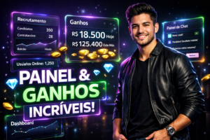 Jovem empreendedor brasileiro em ambiente futurista demonstrando painel de recrutamento e ganhos focado no crescimento da chamet agency nos Balcãs.