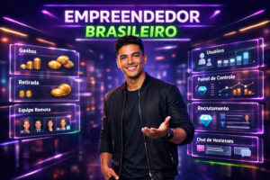 Imagem profissional de um jovem empreendedor brasileiro em ambiente tecnológico futurista com dashboards em português para ilustrar artigo de recrutamento remoto chamet agency.