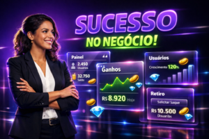 Empreendedora brasileira em ambiente futurista monitorando dashboards e estratégias para chamet agency na América Latina.