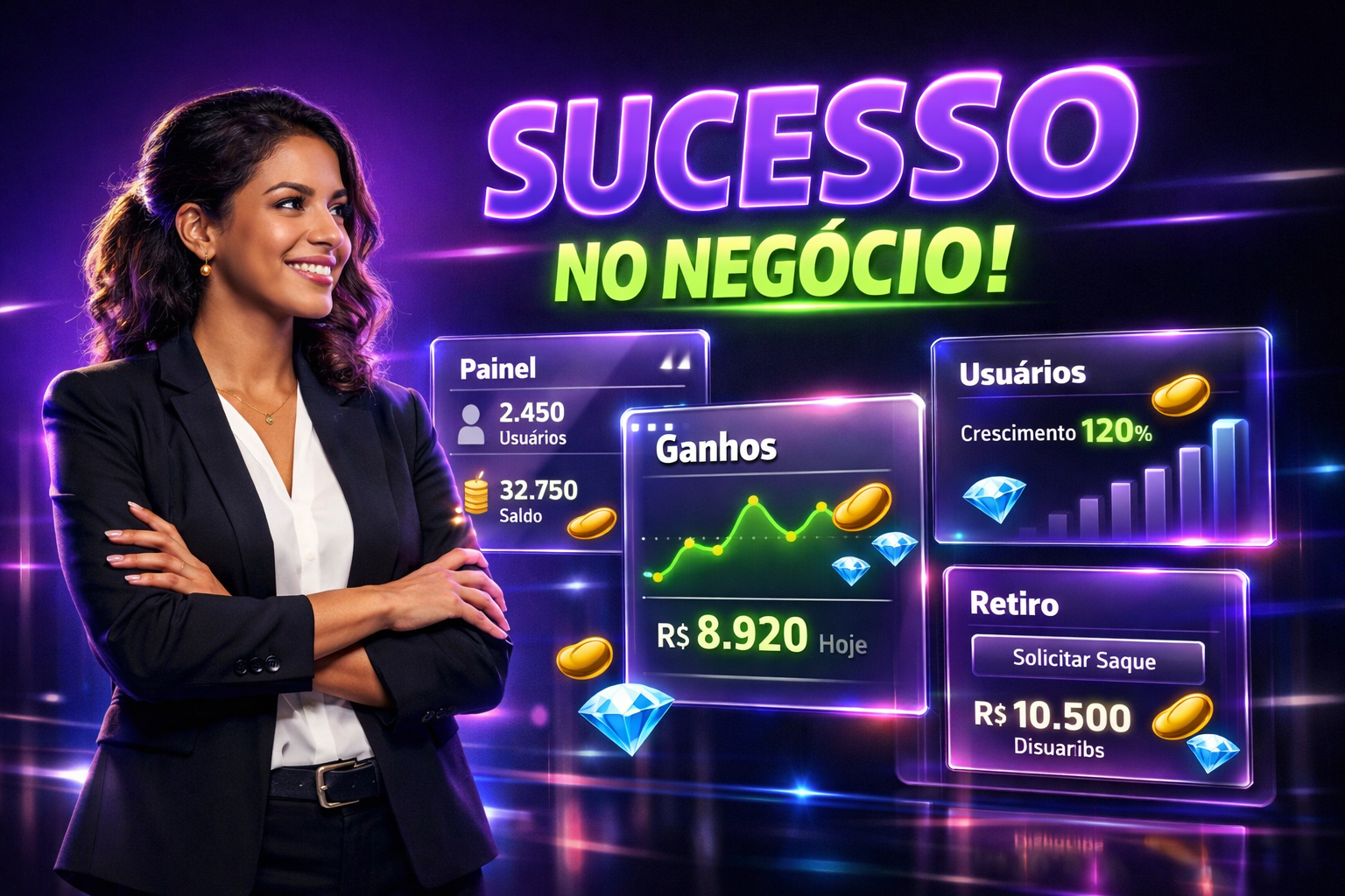 Empreendedora brasileira em ambiente futurista monitorando dashboards e estratégias para chamet agency na América Latina.