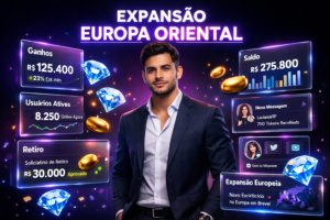 Imagem premium de empreendedor brasileiro em workspace futurista com painéis holográficos, ilustrando post prático sobre estratégia agência chamet agency na Europa Oriental.