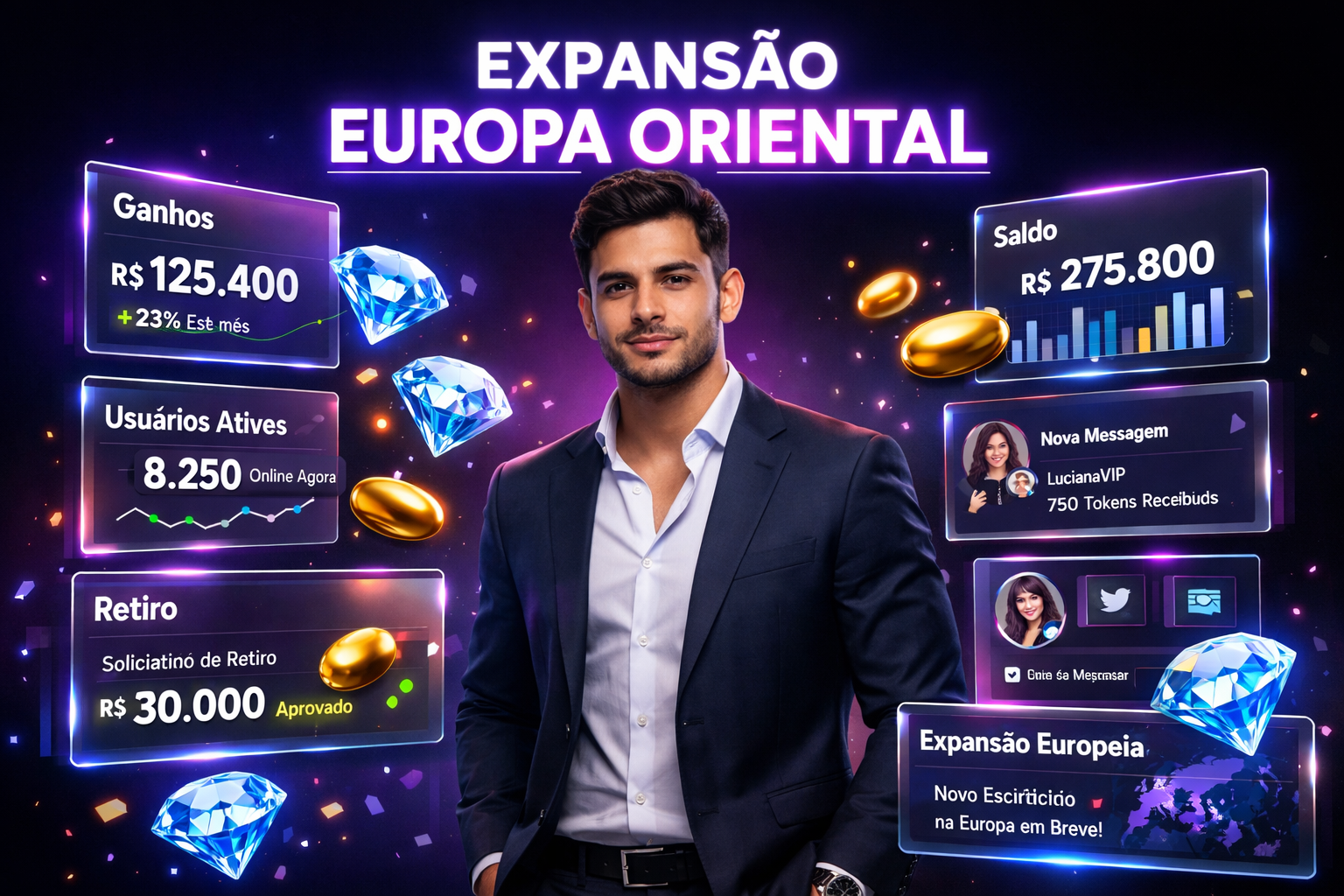 Imagem premium de empreendedor brasileiro em workspace futurista com painéis holográficos, ilustrando post prático sobre estratégia agência chamet agency na Europa Oriental.
