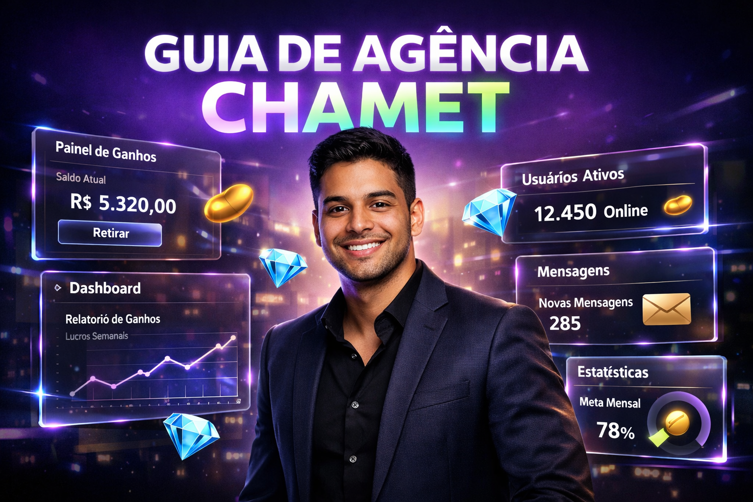 Imagem futurista de empresário brasileiro usando painel analytics chamet agency guide, mostrando como criar agência chamet e estratégias de crescimento.