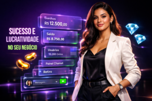 Empreendedora brasileira sorrindo em escritório futurista, painéis digitais com resultados financeiros e análise de usuários, ilustrando artigo sobre benefícios e estratégias para iniciar uma chamet agency.